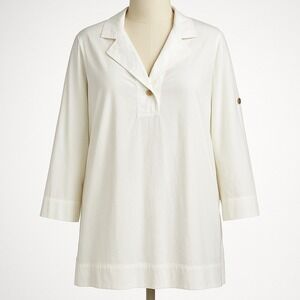 Soft Surroundings White Collared Roll Tab Sleeve Tunic Top Shirt 2X Boho Beacy